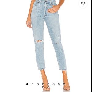 Agolde Jamie Light Wash High Rise Button Fly Jeans in Wash Shakedown